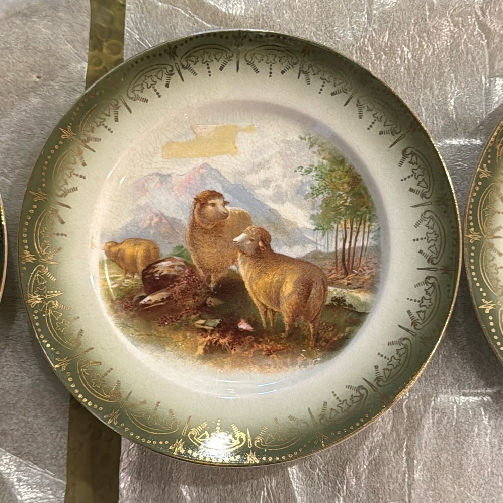 FRENCH SAXON CHINA French Saxon Sheep Saucer Plates Set Of 3 Vintage 22k Gold